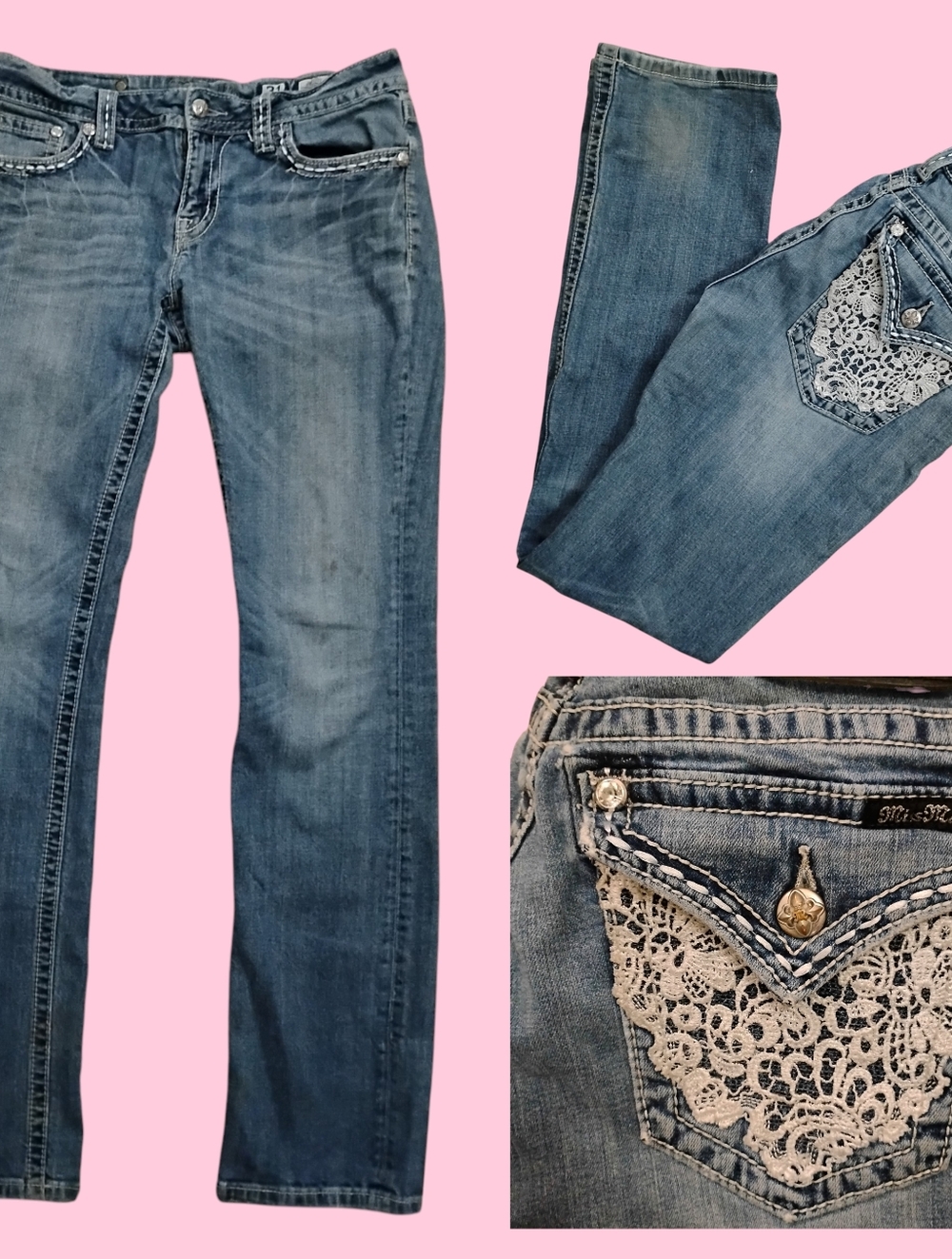 MISS ME - Y2K Women's Low Rise Distressed Lace Pocket Straight Leg Jeans Size 31